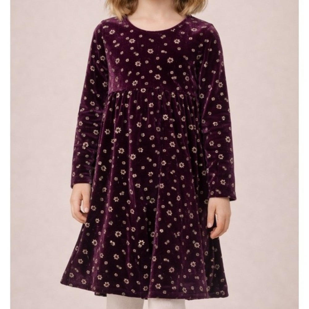 Vintage Y2K Purple Velvet Girls‎ Dress Floral Long Sleeve Empire Waist Size 6